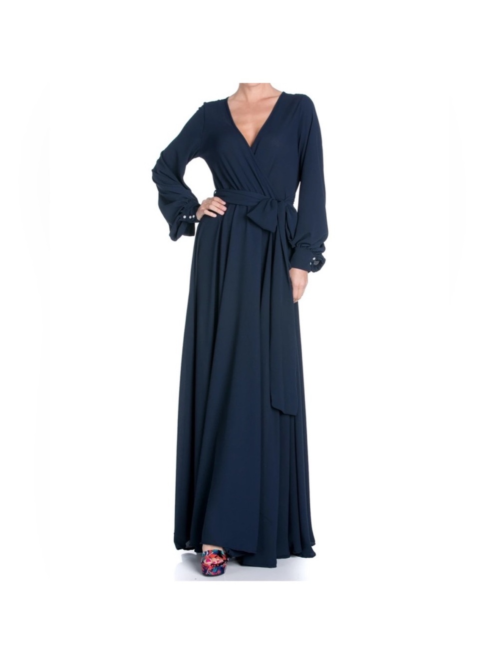 Navy Wrap Maxi Dress with Waist Tie